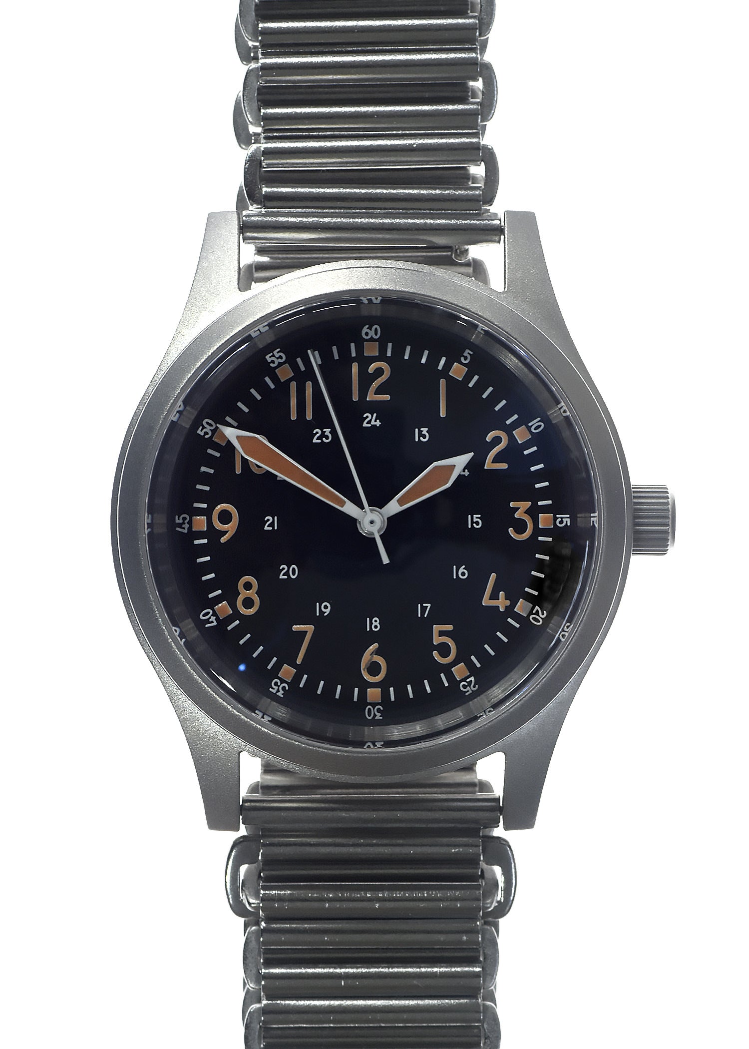 A-17 U.S 1950s Korean War Pattern Automatic Military Watch with Shatter and Scratch Resistant Box Sapphire Crystal on a Retro Stainless Steel "Bonklip" Bracelet with a Black Military Webbing Strap