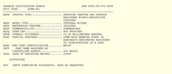 MWC G10 200m/660ft Water resistant Stainless Steel Military Watch with Sapphire Crystal and Date - NATO Stock Number: NSN 6645-99-472-3228D