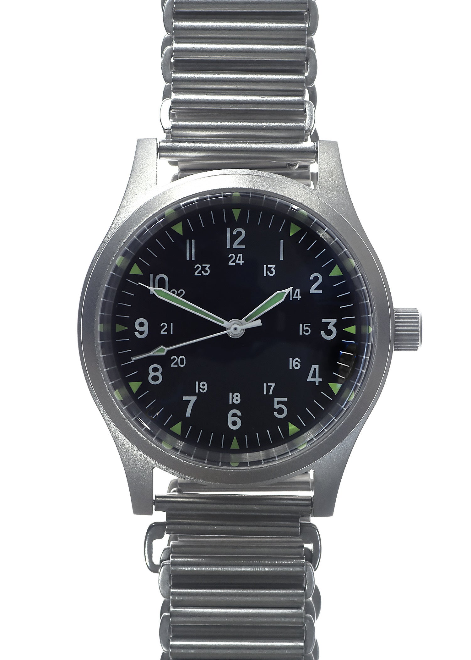 GG-W-113 U.S 1960s Pattern Automatic Military Watch with Shatter and Scratch Resistant Sapphire Box Crystal on Matching Retro Stainless Steel "Bonklip" Bracelet with an Additional Webbing Strap