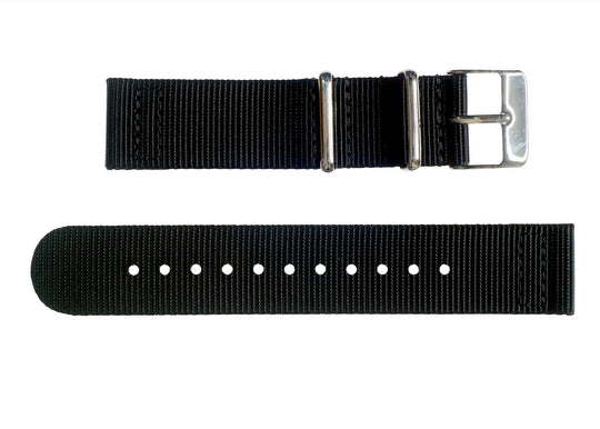 2 Piece 18mm Black NATO Military Watch Strap in Ballistic Nylon with Stainless Steel Fasteners