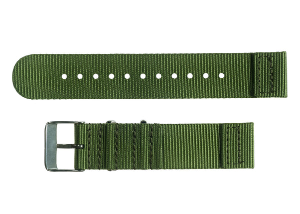 2 Piece 18mm Olive NATO Military Watch Strap in Ballistic Nylon with Stainless Steel Fasteners
