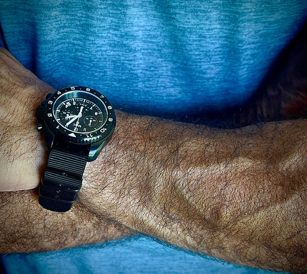 MWC NATO Pattern Black PVD Steel Military Pilots Chronograph with Sapphire Crystal and Swiss Ronda Movement- 12 Hour GMT Bezel and GTLS/Tritium Illumination - Ex Display Watch Reduced