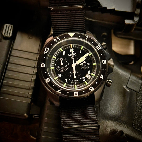 MWC NATO Pattern Black PVD Steel Military Pilots Chronograph with Sapphire Crystal and Swiss Ronda Movement- 12 Hour GMT Bezel and GTLS/Tritium Illumination - Ex Display Watch Reduced