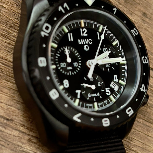 MWC NATO Pattern Black PVD Steel Military Pilots Chronograph with Sapphire Crystal and Swiss Ronda Movement- 12 Hour GMT Bezel and GTLS/Tritium Illumination - Ex Display Watch Reduced