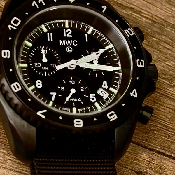 MWC NATO Pattern Black PVD Steel Military Pilots Chronograph with Sapphire Crystal and Swiss Ronda Movement- 12 Hour GMT Bezel and GTLS/Tritium Illumination - Ex Display Watch Reduced