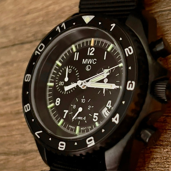 MWC NATO Pattern Black PVD Steel Military Pilots Chronograph with Sapphire Crystal and Swiss Ronda Movement- 12 Hour GMT Bezel and GTLS/Tritium Illumination - Ex Display Watch Reduced