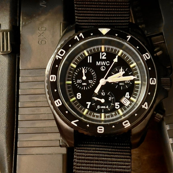 MWC NATO Pattern Black PVD Steel Military Pilots Chronograph with Sapphire Crystal and Swiss Ronda Movement- 12 Hour GMT Bezel and GTLS/Tritium Illumination - Ex Display Watch Reduced