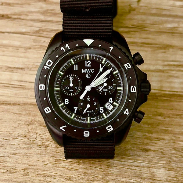 MWC NATO Pattern Black PVD Steel Military Pilots Chronograph with Sapphire Crystal and Swiss Ronda Movement- 12 Hour GMT Bezel and GTLS/Tritium Illumination - Ex Display Watch Reduced
