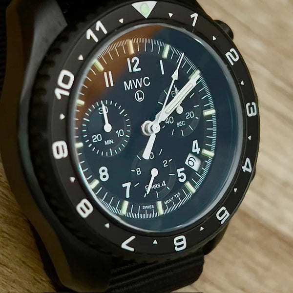 MWC NATO Pattern Black PVD Steel Military Pilots Chronograph with Sapphire Crystal and Swiss Ronda Movement- 12 Hour GMT Bezel and GTLS/Tritium Illumination - Ex Display Watch Reduced