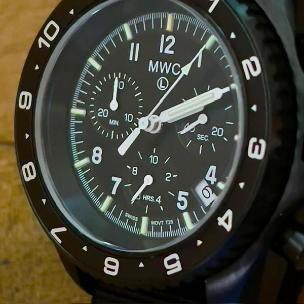MWC NATO Pattern Black PVD Steel Military Pilots Chronograph with Sapphire Crystal and Swiss Ronda Movement- 12 Hour GMT Bezel and GTLS/Tritium Illumination - Ex Display Watch Reduced