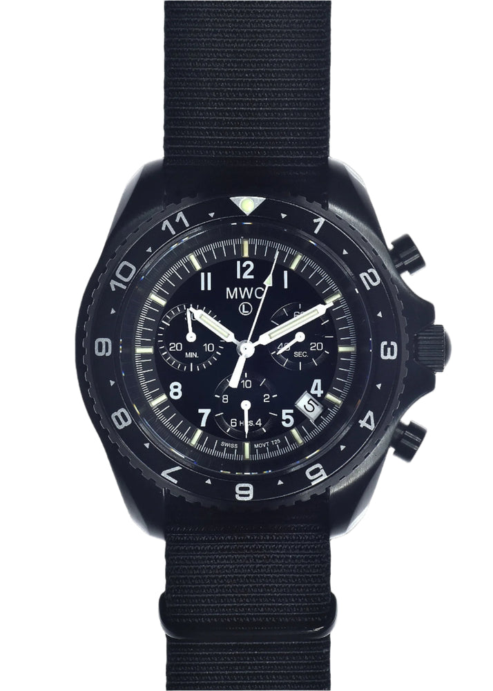 MWC NATO Pattern Black PVD Steel Military Pilots Chronograph with Sapphire Crystal and Swiss Ronda Movement- 12 Hour GMT Bezel and GTLS/Tritium Illumination - Ex Display Watch Reduced