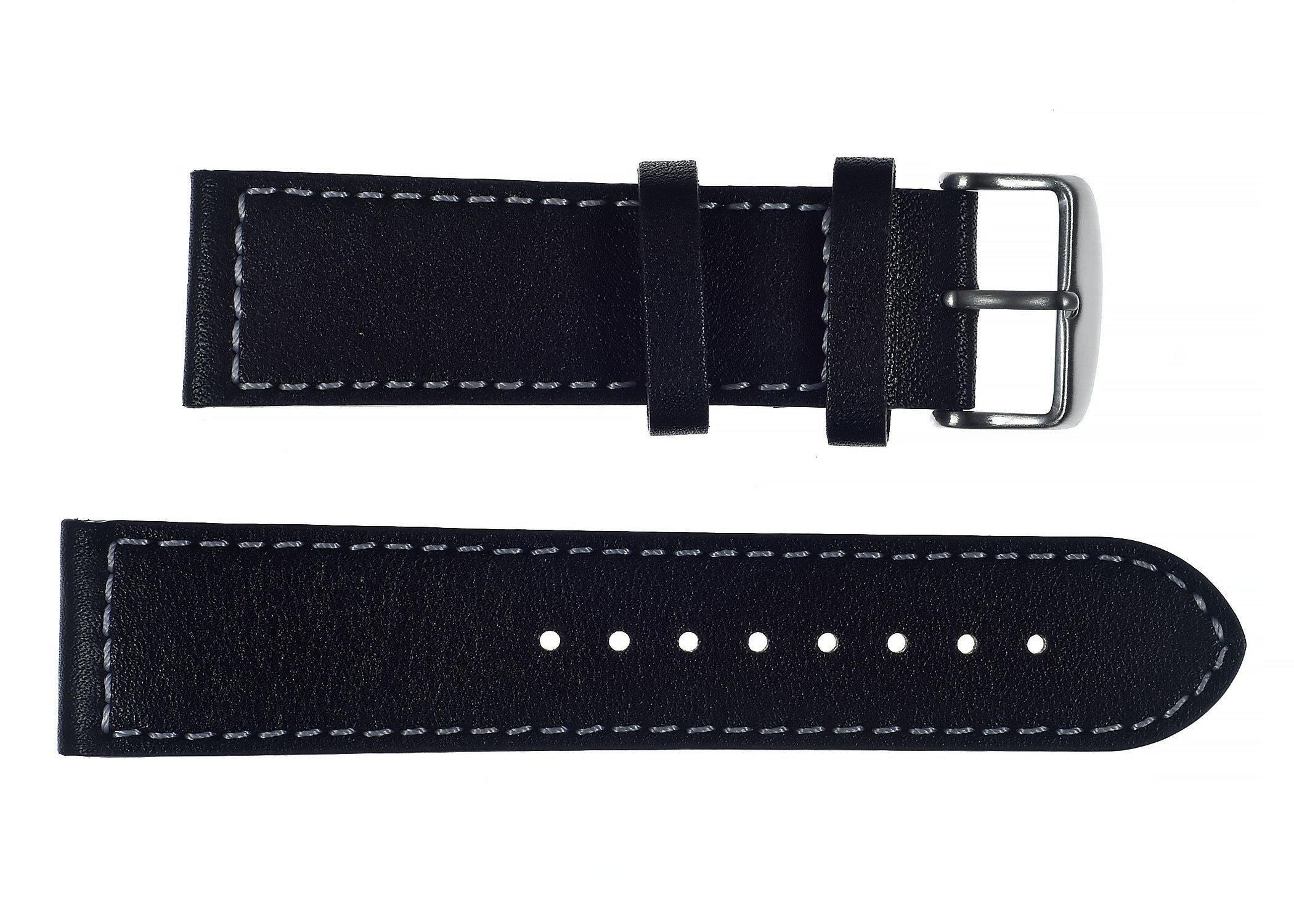 24mm MWC Branded Black Leather Watch Strap with Stainless Steel Fasteners