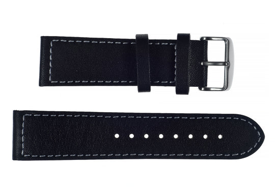 24mm MWC Branded Black Leather Watch Strap with Stainless Steel Fasteners
