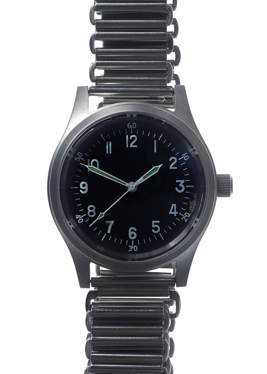 A-11 1940s WWII Pattern Automatic Military Watch With Shatter and Scratch Resistant Box Sapphire Crystal on Matching Retro "Bonklip" Pattern Bracelet with an Additional Canvas Strap