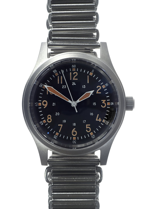 A-17 U.S 1950s Korean War Pattern Automatic Military Watch with Shatter and Scratch Resistant Box Sapphire Crystal on a Retro Stainless Steel "Bonklip" Bracelet with a Black Military Webbing Strap