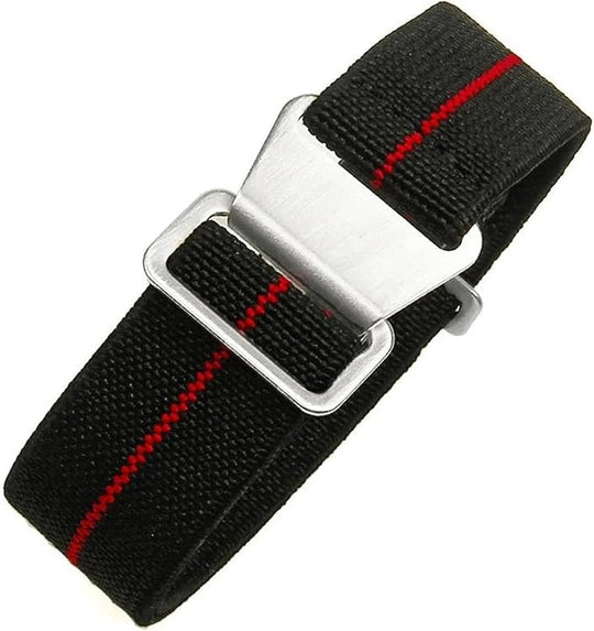 22mm Elasticated French Navy and Special Forces Strap in Black with a Red Stripe