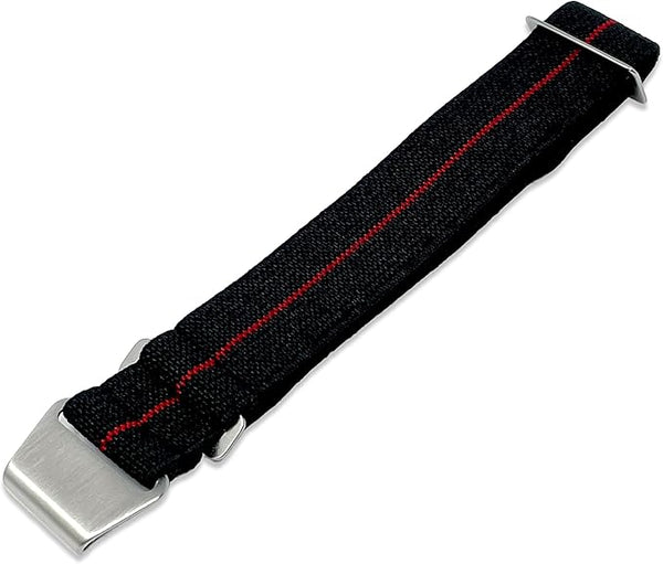 22mm Elasticated French Navy and Special Forces Strap in Black with a Red Stripe