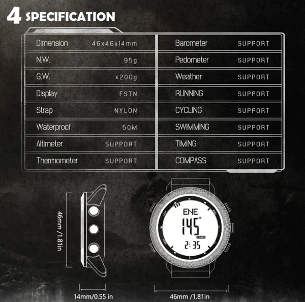 MWC Tactical Military Watch with LCD Digital Display. Functions Include Altimeter, Barometer, Compass, Dual Time Zones and Step Counter - Needs New Crown but Running Fine