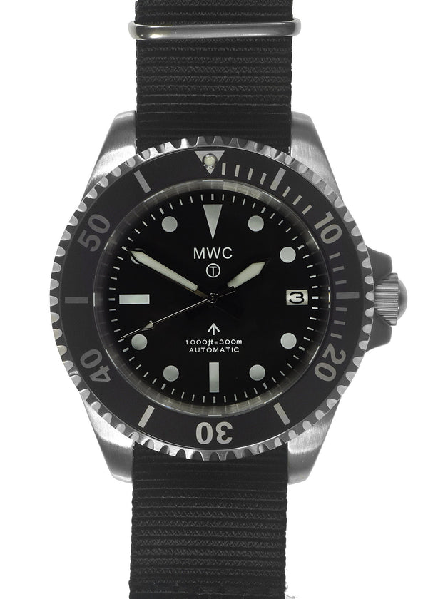 MWC 24 Jewel 1982 Pattern 300m Automatic Military Divers Watch with Sapphire Crystal on a NATO Webbing Strap - Ex Display Watch from the 2023 DSIE Show at the ExCeL Exhibition Centre in London Docklands.