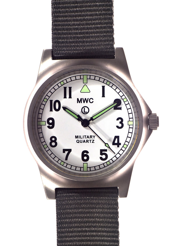 MWC G10 LM Non Date Stainless Steel Military Watch with White Dial, Non Date Version on Admiralty Grey Strap)