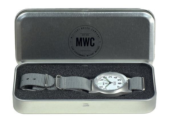 MWC G10 LM Non Date Stainless Steel Military Watch with White Dial, Non Date Version on Admiralty Grey Strap)