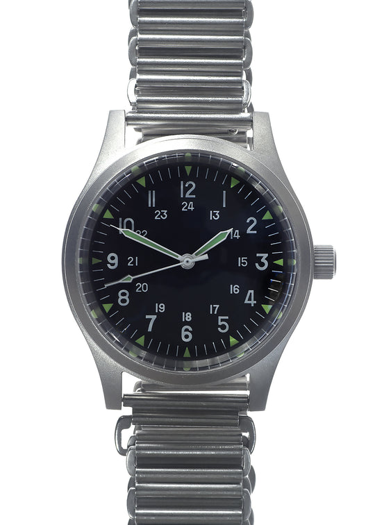 GG-W-113 U.S 1960s Pattern Automatic Military Watch with Shatter and Scratch Resistant Sapphire Box Crystal on Matching Retro Stainless Steel "Bonklip" Bracelet with an Additional Webbing Strap