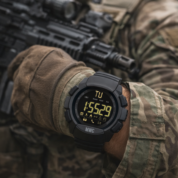 MWC Digital Military Watch with Bluetooth, Step Counter, 100m Water Resistance, Remote Camera and Android / iOS Compatibility - Ex Display Watch Reduced to Clear Will Likely Need a Battery Quite Soon
