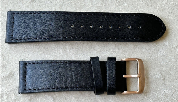 Classic Italian Retro Pattern 24mm Black Leather Watch Strap with Stainless Steel Fasteners