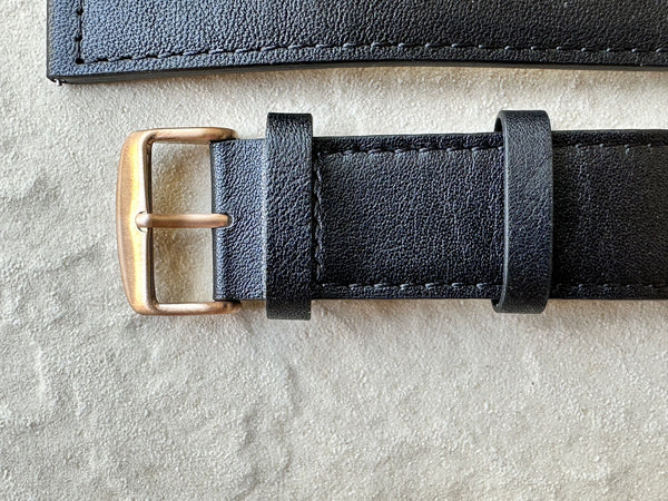 Classic Italian Retro Pattern 24mm Black Leather Watch Strap with Stainless Steel Fasteners