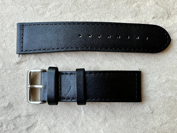 Classic Italian Retro Pattern 24mm Black Leather Watch Strap with Stainless Steel Fasteners