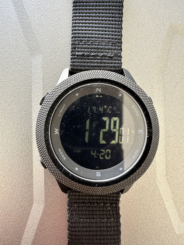 MWC Tactical Military Watch with LCD Digital Display. Functions Include Altimeter, Barometer, Compass, Dual Time Zones and Step Counter - Needs New Crown but Running Fine