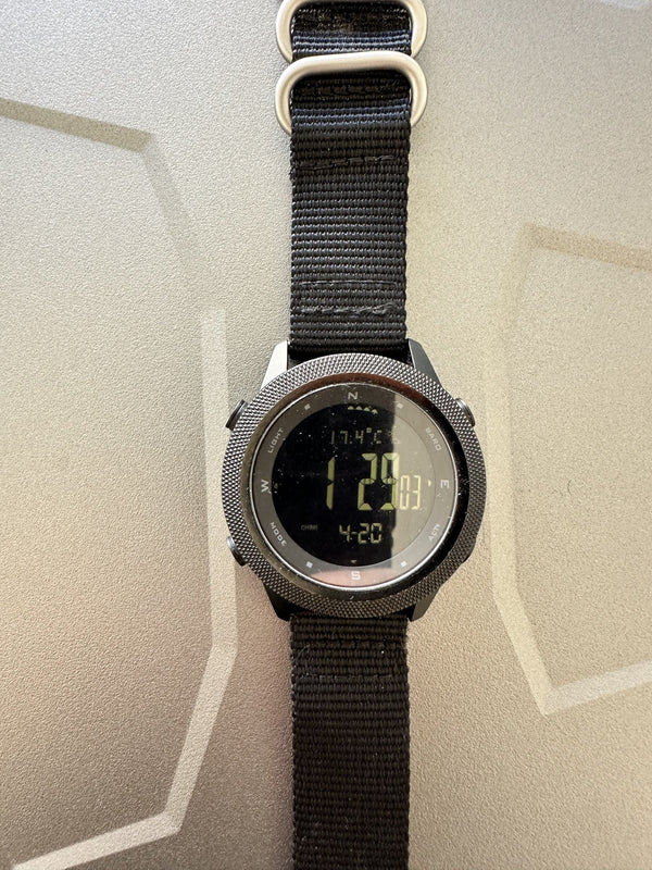 MWC Tactical Military Watch with LCD Digital Display. Functions Include Altimeter, Barometer, Compass, Dual Time Zones and Step Counter - Needs New Crown but Running Fine