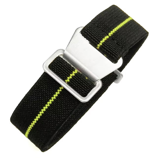 22mm Elasticated French Navy and Special Forces Strap in Black with a Yellow Stripe