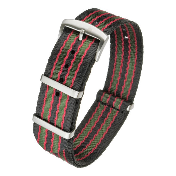 Superior 22mm Black, Red and Olive Green NATO Military Watch Strap in Seatbelt Ballistic Nylon