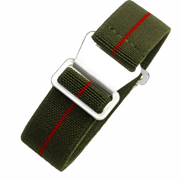 20mm Elasticated French Navy and Special Forces Strap in Green with a Red Stripe
