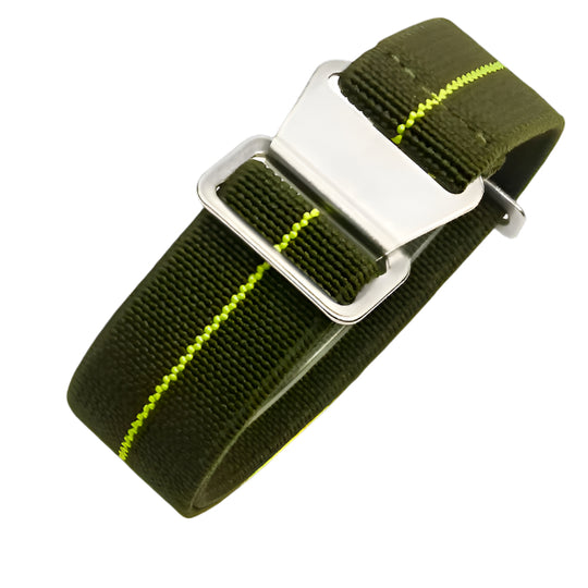 22mm Elasticated French Navy and Special Forces Strap in Green with a Yellow Stripe