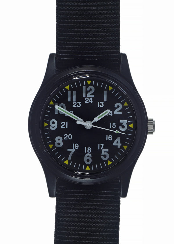 MWC Classic 1960s/70s Pattern Matt Black Vietnam Watch on Matching Webbing Strap - Ex Display Watch