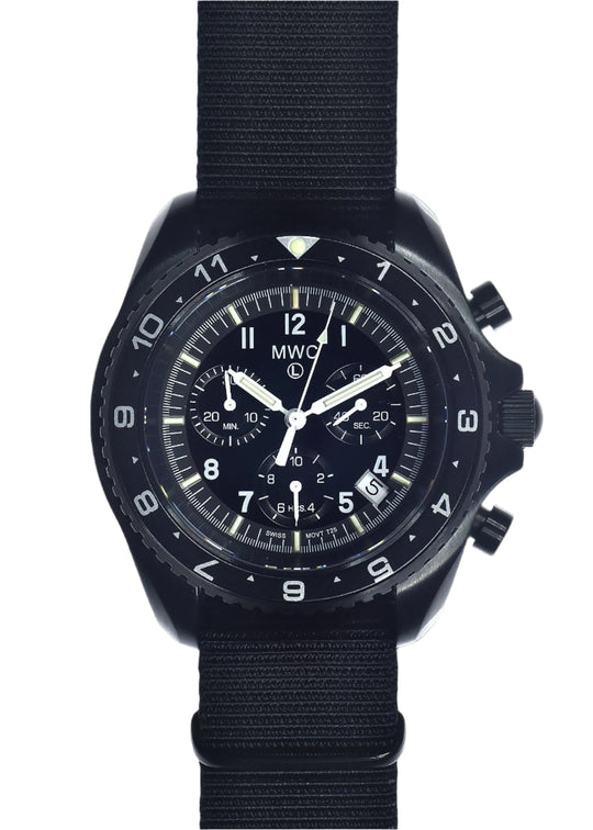 MWC NATO Pattern Black PVD Steel Military Pilots Chronograph with Sapphire Crystal and Swiss Ronda Movement- 12 Hour GMT Bezel and GTLS/Tritium Illumination