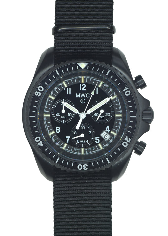 MWC NATO Pattern Black PVD Steel Military Pilots Chronograph with Sapphire Crystal, and Swiss Ronda Movement and GTLS/Tritium Illumination