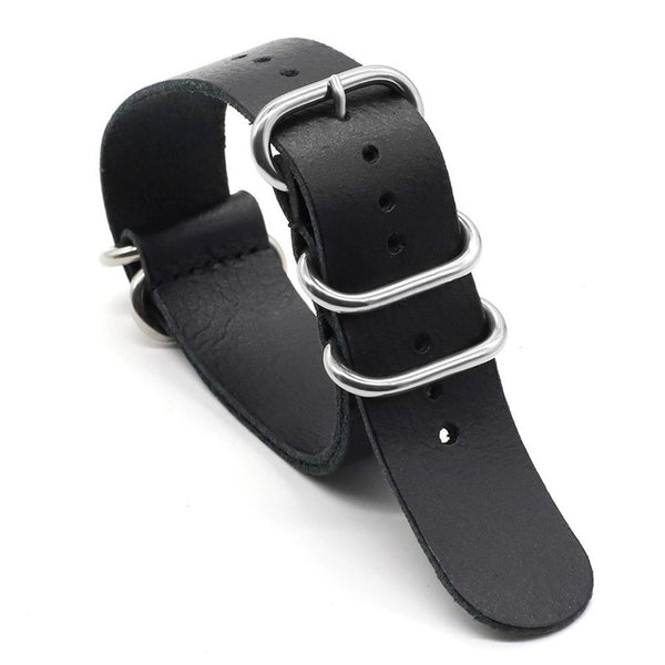 18mm Black High Grade Saddle Leather Zulu Military Watch Strap