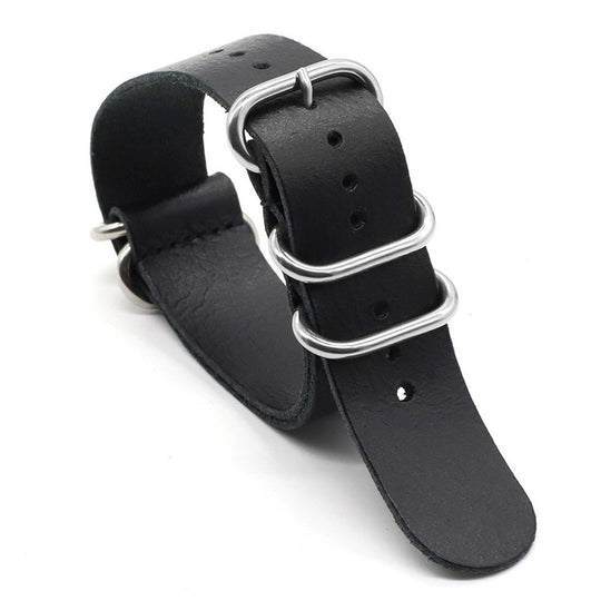 22mm Black High Grade Saddle Leather Zulu Military Watch Strap