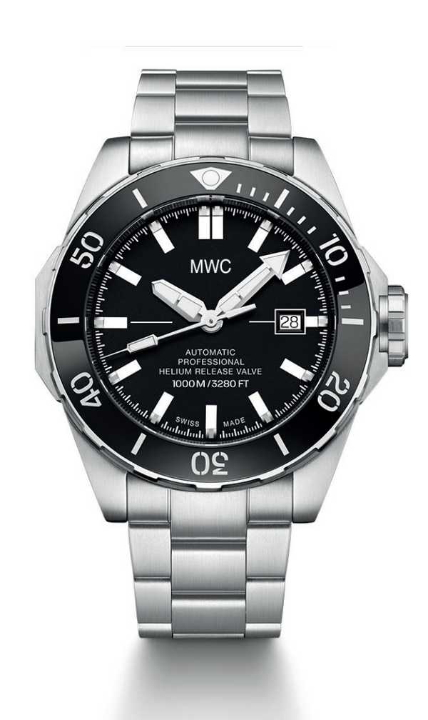 MWC 100atm / 3,280ft / 1000m Water Resistant Divers Watch in Stainless Steel Case with Helium Valve on a Matching Bracelet / 100% Swiss Made with a Sellita SW200 26 Jewel Automatic Movement (Copy)