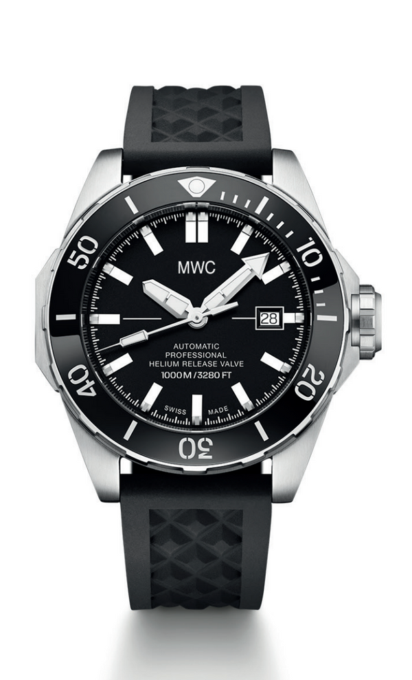 MWC 100atm / 3,280ft / 1000m Water Resistant Divers Watch in Stainless Steel Case with Helium Valve on Silicon Strap / 100% Swiss Made with Sellita SW200 26 Jewel Automatic Movement