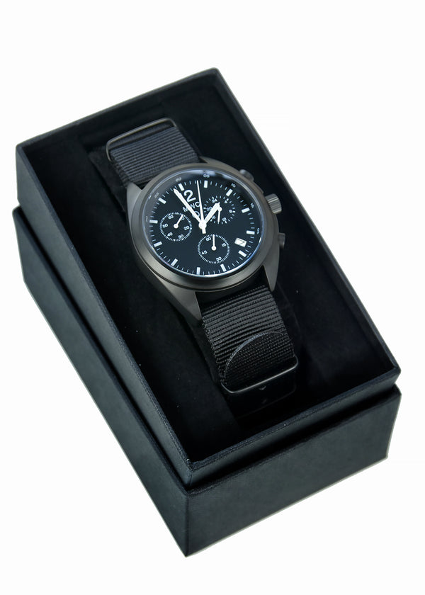 MWC Mechanical/Quartz Hybrid NATO Pattern Military Pilots Chronograph in Non Reflective Black PVD Finish - - Ex Display Watch From the Singapore Air Show at Changi Exhibition Centre