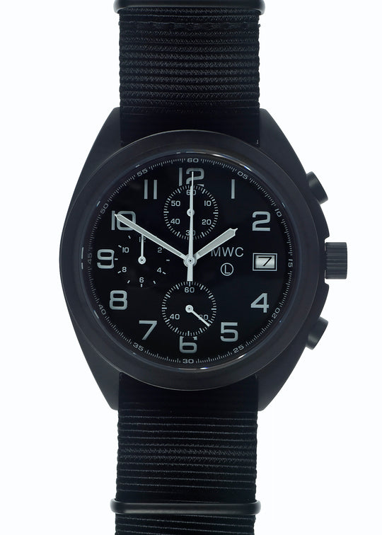 MWC Mechanical/Quartz Hybrid NATO Pattern Military Pilots Chronograph in Non Reflective Black PVD Finish with Sapphire Crystal