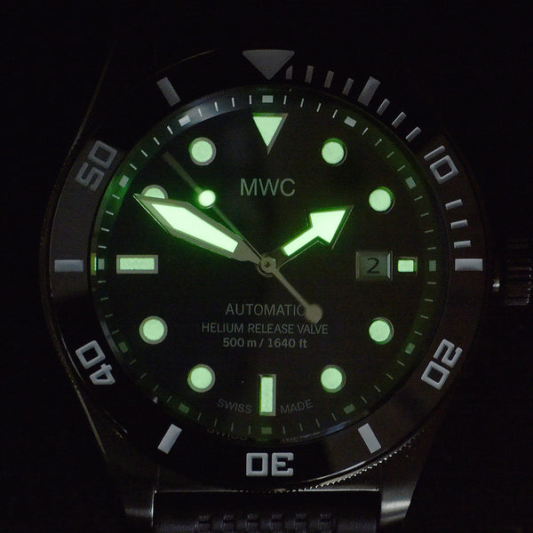 MWC Swiss Made 500m (1640ft) Water Resistant Automatic Divers Watch in Black PVD Stainless Steel With Sapphire Crystal, Ceramic Bezel and Helium Valve - Ex Display Watch from the US Shot Show