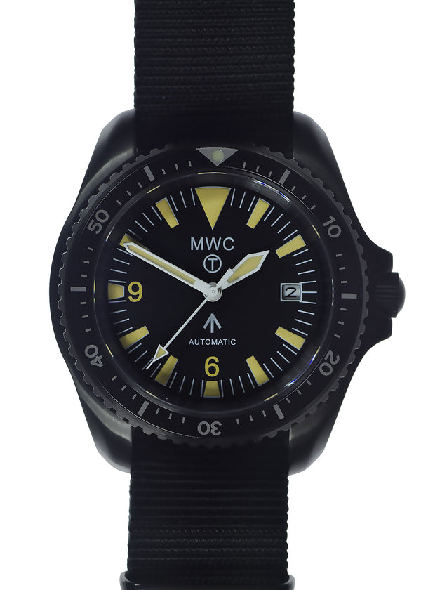 MWC 1999-2001 Pattern Black PVD Automatic Military Divers Watch with Retro Luminous Paint, Sapphire Crystal, 60 Hour Power Reserve