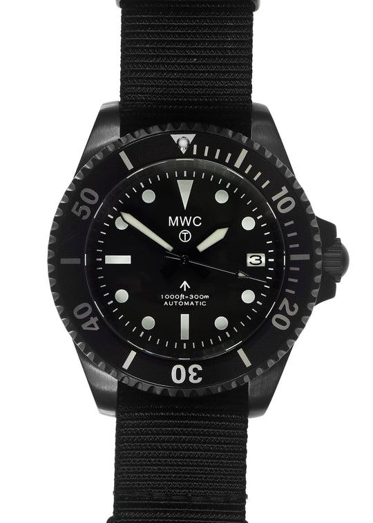 MWC 24 Jewel 1982 Pattern 300m Automatic Military Divers Watch in Black PVD with a Sapphire Crystal on a NATO Webbing Strap - Ex Display Watch from the SDSC-UK Fair Save 50%!
