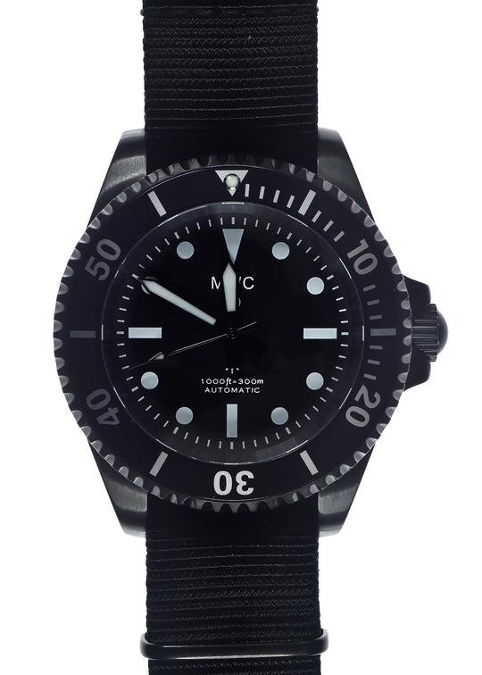 MWC 24 Jewel 1982 Pattern 300m Automatic Military Divers Watch in Black PVD with a Sapphire Crystal on a NATO Webbing Strap (Non Date Version) - Looks New But Not Running