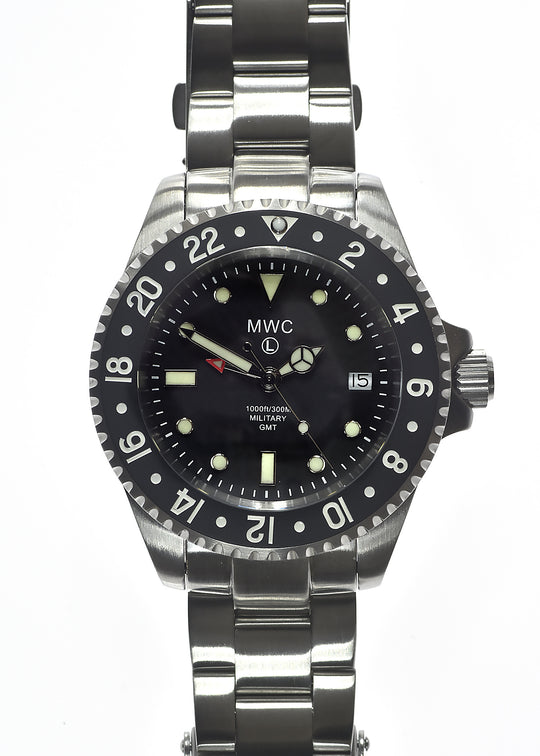 MWC GMT (Dual Time Zone) Stainless Steel Military Watch with Sapphire Crystal and Ceramic Bezel on a Matching Stainless Steel Bracelet